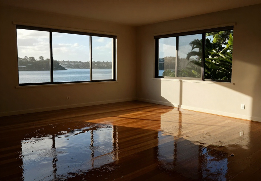Flooded living room in North St Marys before restoration